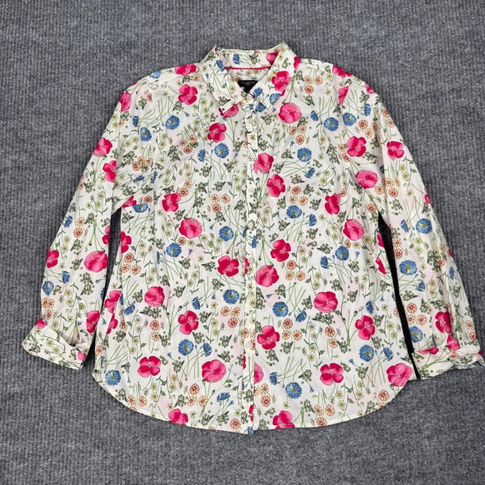 Talbots Button Up Shirt Women 16P White Floral Cotton Long Sleeve Botanical